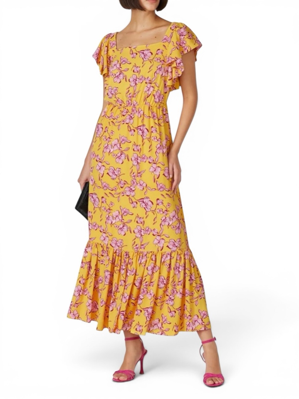 Sachin & Babi Yellow Flutter Floral Print‎ Maxi Event Feminine Dress Women's 12